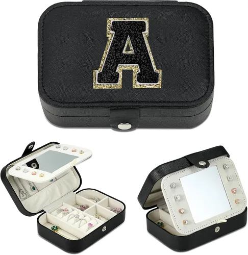 Parima Joyero de viaje negro, estuche de viaje para joyería con inicial, organizador de joyas de viaje para regalos personalizados, estuche de