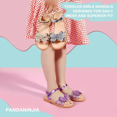 Miniatura 3 de PANDANINJIA Sandalias para niñas, puntera abierta, bonitos zapatos planos de princesa para niñas, zapatos de vestir brillantes de verano para bebés