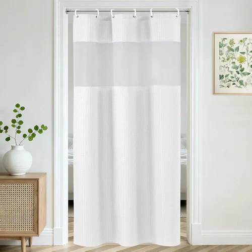 Miniatura 20 de UFRIDAY Cortina de ducha extralarga de 84 pulgadas con tejido de nido de abeja blanco y ventana con malla, cortina de baño decorativa resistente