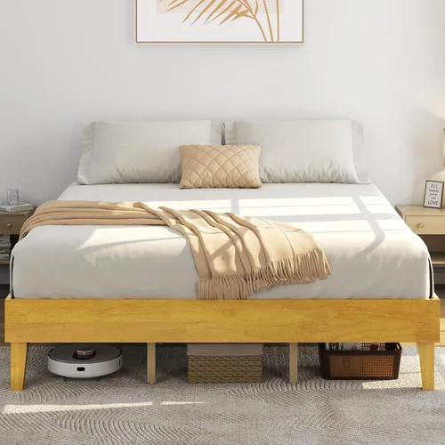 Miniatura 13 de Yaheetech Base de cama Queen con plataforma de madera maciza natural con soporte de listones de madera, espacio debajo de la cama de 7.3 pulgadas