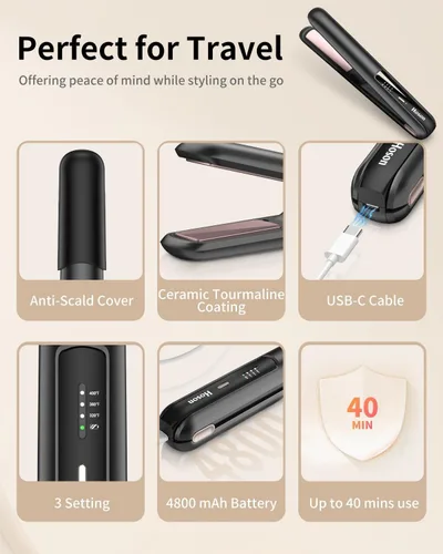 Miniatura 7 de Plancha de pelo inalámbrica, mini plancha plana portátil de viaje para flequillo, pelo corto, rizador recargable y rizador 2 en 1, negro