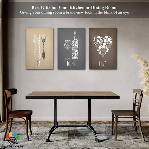Miniatura 2 de GUTTATY Decoración de pared de fotos de cocina, 3 piezas de lienzo de arte para pared, impresiones en lienzo de amor para comer y beber, arte