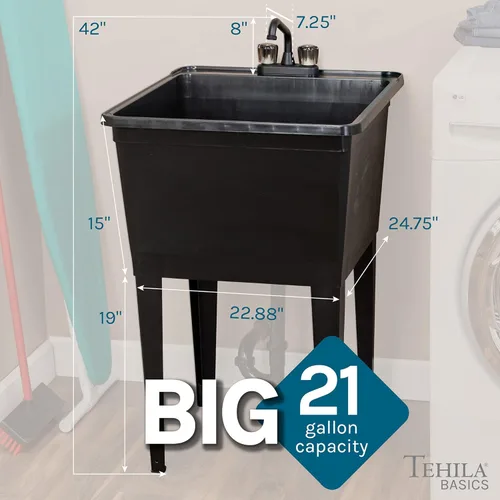 Miniatura 2 de Tehila Basics de JS Jackson Supplies - Fregadero utilitario independiente negro de 21 galones con grifo de 2 manijas negro, bañera de lavandería