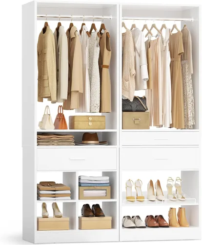 Miniatura 13 de Unikito Organizador de armario de 25 pulgadas de ancho x 80 pulgadas de alto, con barra para colgar y 2 cajones de madera, zapatero ajustable