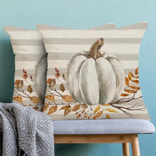 Miniatura 2 de AEIOAE - Juego de 2 fundas de cojín decorativas de 16 x 16 pulgadas con diseño de calabaza en acuarela, tiras grises, flor de otoño, decoración al