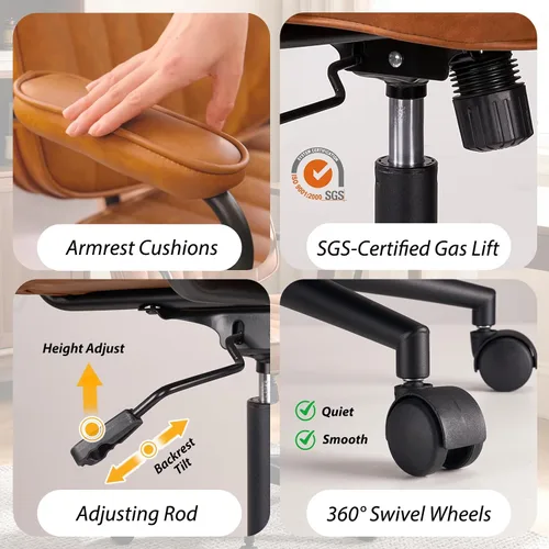 Miniatura 5 de Silla de oficina moderna de mediados de siglo, silla de escritorio ergonómica de piel sintética con ruedas y brazos, silla giratoria ajustable