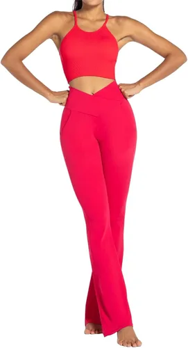 Miniatura 7 de Sunzel Leggings acampanados para mujer con bolsillos, pantalones de yoga cruzados con control de abdomen, cintura alta y pierna ancha