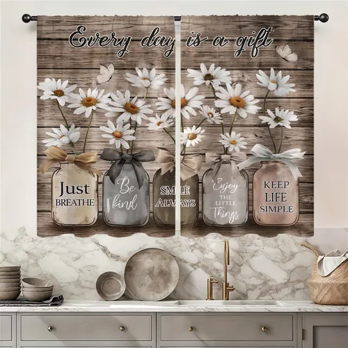 Miniatura 21 de Cortinas de cocina vintage retro de madera, con bolsillo para cortinero, 27.5 pulgadas de ancho x 39 pulgadas de largo, 2 paneles de flores blancas