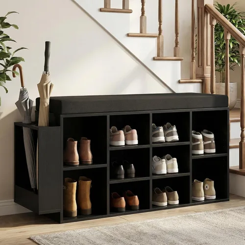 Miniatura 6 de Tangkula Banco de almacenamiento de zapatos con soporte para paraguas, organizador de zapatos de 40 pulgadas con asiento acolchado, 10 cubos y Negro