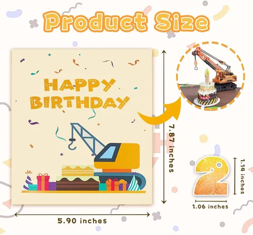 Miniatura 6 de Tarjeta de felicitación emergente 3D para el 2do cumpleaños con luz y música, tarjeta de grúa y camión para niño, sobrino, nieto, hijo, niño 2nd