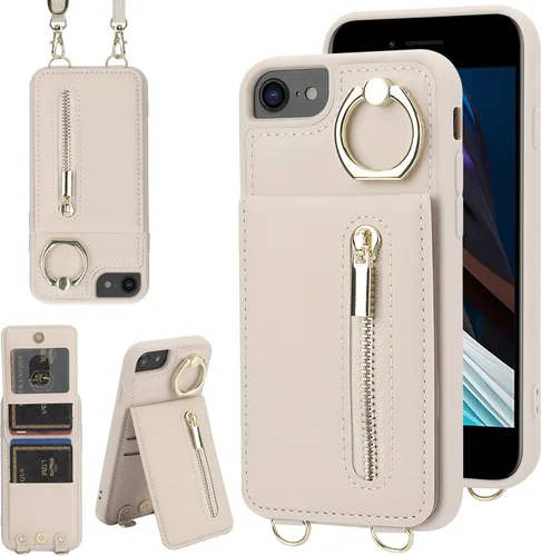 Funda tipo cartera cruzada para iPhone 7/8/SE 2020/SE 2022 con correa de cordón, soporte de ranura para tarjetas, bloqueo RFID, soporte, funda