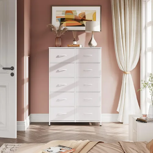 Miniatura 4 de WLIVE Cómoda de Tela para Dormitorio con 10 Cajones, Cómoda Alta con Cajones, Cómodas Blancas Muebles de Dormitorio, Unidad Organizadora de Blanco