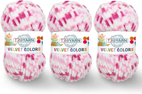 Miniatura 30 de TROYARN Hilo de lana de terciopelo en colores (paquete de 3 madejas) Chenille para manta Amigurumi, hilo para crochet y punto súper voluminoso 3x100