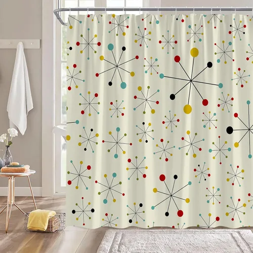 Cortina de ducha de mediados de siglo, diseño geométrico abstracto retro, espacio de los años 50 y 1960, icónico estallido de estrellas atómicas del