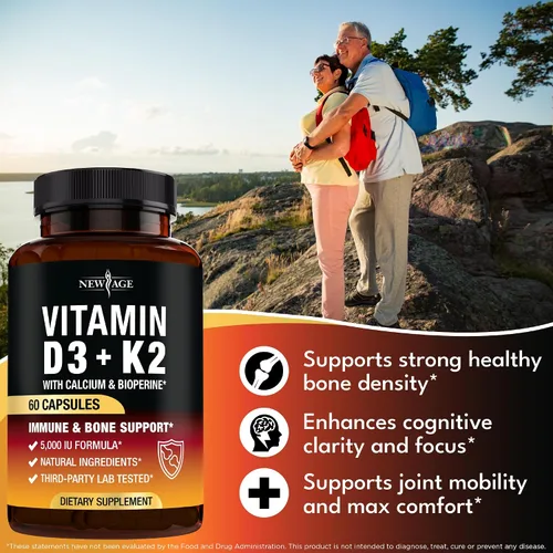 Miniatura 3 de NEW AGE Vitamina D3 5,000 UI + K2 MK-7 100 mcg - 2 en 1 hueso, apoyo inmunológico y cardíaco, fácil de tragar, sin OMG - 120 cápsulas