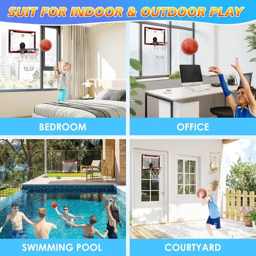 Miniatura 9 de CYFIE Mini aro de baloncesto para interiores para niños con luz LED, ventosa/aro de baloncesto sobre la puerta con marcador y 3 bolas, juguetes