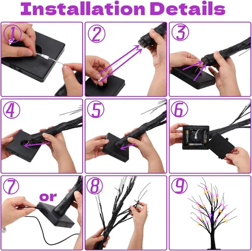 Miniatura 5 de Efunly Paquete de 2 árboles espeluznantes negros de Halloween de 24 pulgadas con luces naranjas y moradas, USB y árbol negro de mesa