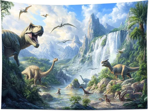 Miniatura 12 de HVEST Tapiz de dinosaurio salvaje y antiguo depredador para colgar en la pared, bosque tropical con árboles verdes y montañas, tapices de pared