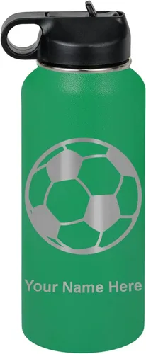 Miniatura 30 de LaserGram Botella de agua personalizada, pelota de fútbol, acero inoxidable de doble pared aislada al vacío con popote superior, regalo grabado
