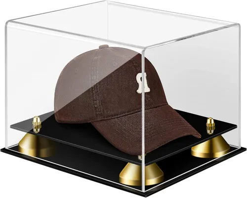 Taiyin Vitrina transparente para sombrero de béisbol acrílico autógrafo, gorra, soporte para casco con caja de recuerdos de elevación dorada para