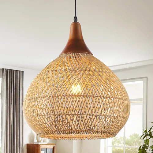 Miniatura 14 de Luces Colgantes Bohemias, Candelabro de Ratán de 1 Luz de 15.7", Luz Colgante de Mimbre Tejida a Mano con Pantalla de Jacinto de Agua, Luz Colgante