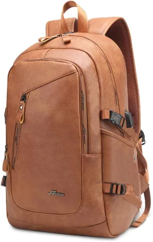 Miniatura 6 de DYJ Mochila de cuero vegano para laptop para mujeres y hombres, mochilas de viaje vintage de poliuretano con puerto de carga USB para laptop de 17