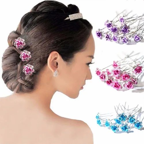Miniatura 7 de 20pcs Rhinestone Rose Flower Hair Bobby Pin Crystal Bride Wedding Metal Clip de pelo Decoración U forma joyería accesorios, Cabello de cristal