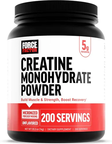 Force Factor Polvo de Creatina Monohidrato, dosis de 5g micronizadas para apoyar el crecimiento muscular, la fuerza, la recuperación, la salud