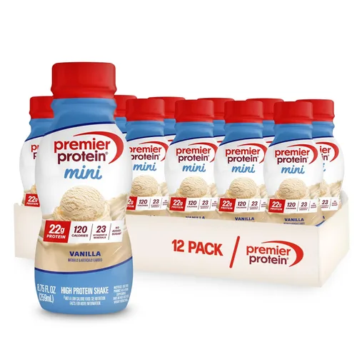 Premier Protein Shake MINIs, vainilla, 0.78 oz de proteína, 120 calorías, sin azúcar añadida, 8.75 onzas líquidas, paquete de 12