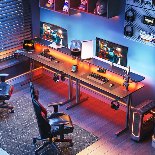 Miniatura 6 de MOTPK Escritorio pequeño para juegos de 39 pulgadas con luces LED, mesa de juegos para computadora con estante para monitor, escritorio