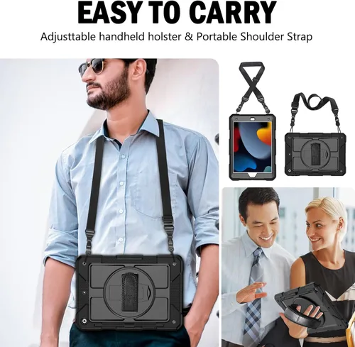 Miniatura 9 de BMOUO Funda para iPad de 9ª/8ª/7ª generación de 10.2", a prueba de golpes con soporte giratorio de 360°, correa de hombro y mano, funda para iPad