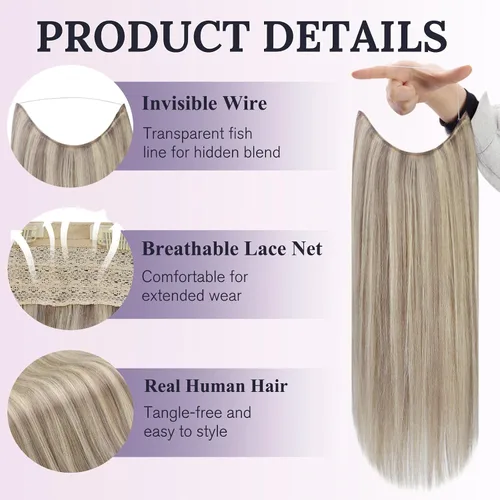 Miniatura 2 de Fshine - Extensiones de cabello con hilo invisible de 12 pulgadas, color rubio ceniza con reflejos de rubio decolorado, pieza de cabello humano real