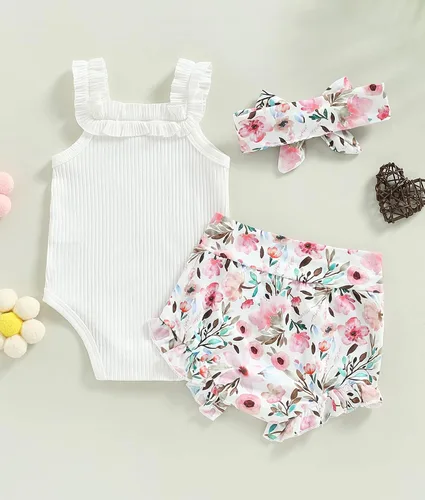 Miniatura 3 de Conjunto de ropa de verano para bebé recién nacida, conjunto de ropa de verano con estampado floral, mameluco con cordón y diadema corta