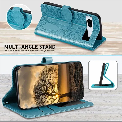 Miniatura 3 de Funda para Google Pixel 7A, funda tipo cartera para Pixel 7A 5G, piel sintética de alta calidad con diseño de árbol en relieve [atril]