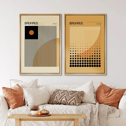 Miniatura 3 de IDEA4WALL Lienzo enmarcado para pared, juego de arte Bauhaus dorado de mediados de siglo, patrón de cuadrícula moderna, ilustraciones con formas