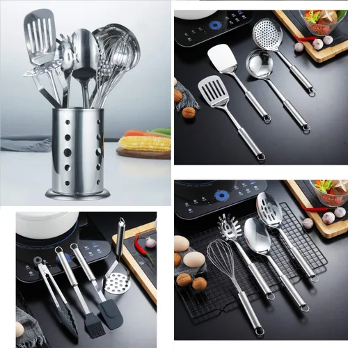 Miniatura 7 de Berglander Juego de utensilios de cocina de acero inoxidable de 13 piezas con soporte, incluye cuchara de cocina, espátula, batidor, pinza de B. 13