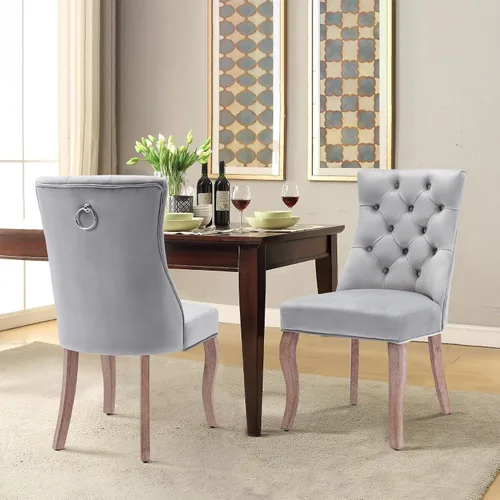 Miniatura 7 de Juego de 2 sillas de comedor de terciopelo, sillas de comedor tapizadas con ribete de anillo trasero y patas de madera maciza, sillas de comedor