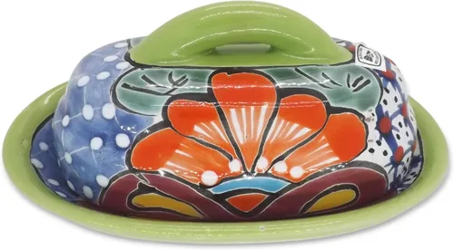 Miniatura 14 de Cuenco para Mantequilla de Cerámica Talavera con Tapa Pintada a Mano, Auténtica Cerámica Mexicana de Cocina, Diseño Floral (Rojo)
