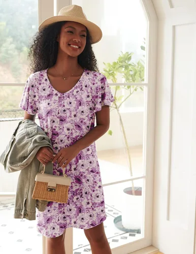 Miniatura 2 de Ekouaer Paquete de 2 camisones para mujer, manga corta, cuello en V, ropa de dormir, lisoestampado floral