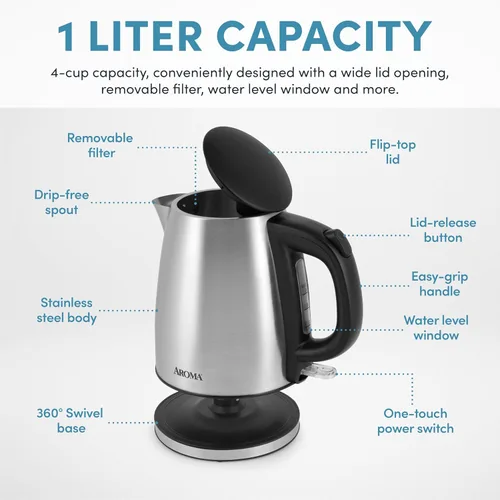Miniatura 5 de Aroma Housewares - Tetera eléctrica de acero inoxidable de 1.0L / 4 tazas (AWK-267SB)