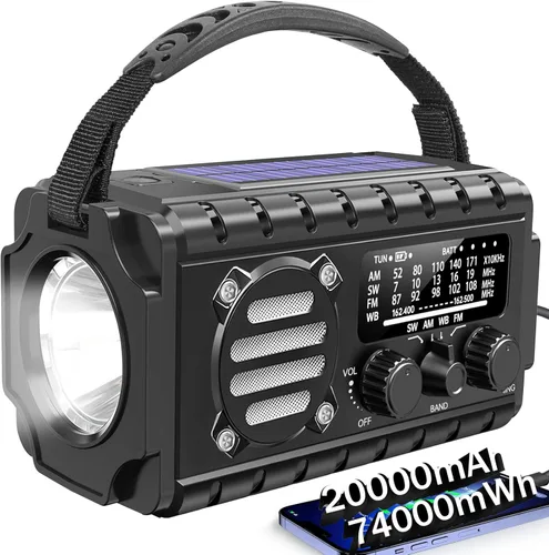 Radio de emergencia con manivela solar, radio meteorológica AM/FM/SW NOAA integrada de 20000 mAh, batería grande, cargador tipo C, linterna, luz de