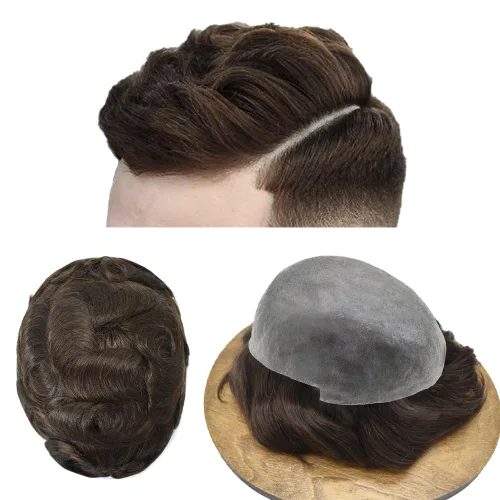 Miniatura 78 de 0.002 in ultra fina piel tupé Remy cabello humano piezas para hombres V-Looped sistema de pelo para hombre tupé pelo tupé para hombres protesis