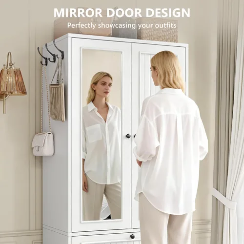 Miniatura 5 de iPormis Armario de madera con puerta de espejo y cajón, armario para recámara con 2 puertas para colgar ropa, color blanco
