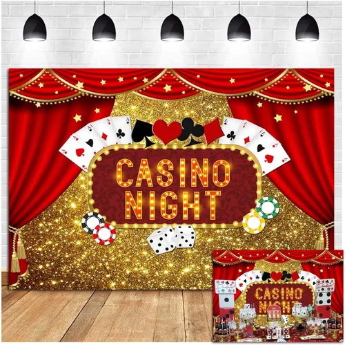 Miniatura 10 de Telones de fondo de fotografía Bokeh con purpurina dorada de Las Vegas, 5 x 3 pies, vinilo de casino, dados de póquer nocturno, cortinas rojas