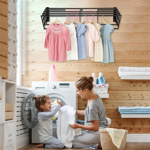 Miniatura 4 de XL-31.5'' Tendedero de Ropa Montado en la Pared, 130 lbs Gran Capacidad Antioxidante Retráctil Plegable Tendedero Fácil Instalación con 7 Varillas