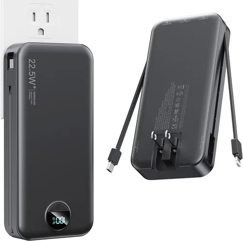 Miniatura 13 de Cargador portátil, 20000 mAh 22.5 W, cargador de energía de carga rápida con cables integrados y enchufe de pared, batería externa USB C con Púrpura