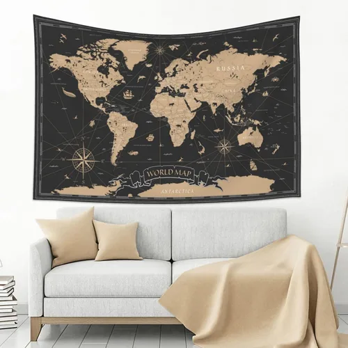 Miniatura 3 de MOUNDHONG Tapiz negro retro con mapa del mundo para colgar en la pared, tapiz de arte retro para pared, tapices de pared grandes para dormitorio
