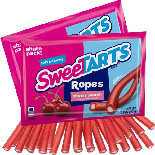 Sweetzo Sweet Tarts Cuerdas suaves y masticables, caramelos con sabor a cereza y fresa picante, surtido de caramelos de gomitas, paquete de 2, 3.5
