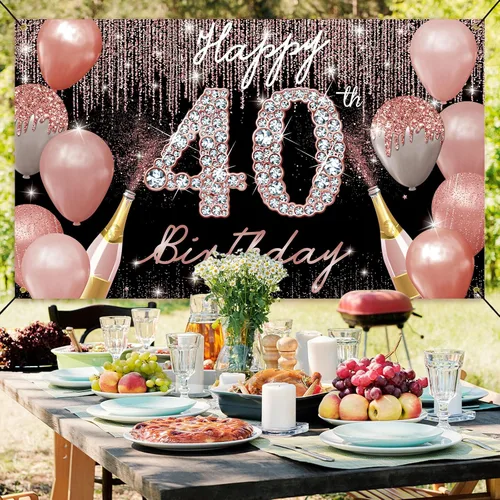 Miniatura 3 de Cartel de fondo de feliz cumpleaños 40, decoración de cumpleaños 40 para mujer, oro rosa, cartel de fiesta de cumpleaños de 40 años, cartel de fondo