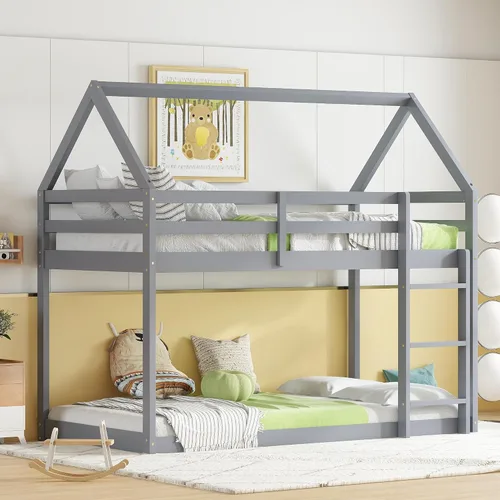 Miniatura 20 de Litera de tamaño individual sobre individual, litera de piso con escalera, barandillas de seguridad, literas de madera para camas individuales